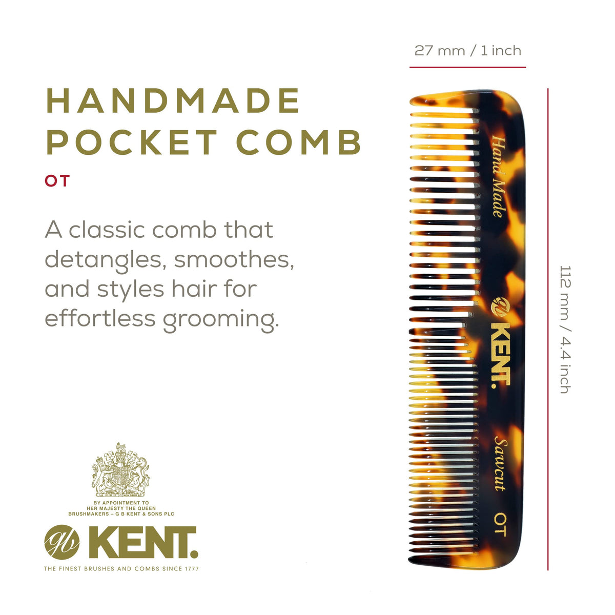 Kent OT TY Pocket Comb - Handmade Fine and Wide Tooth Hair Comb for Men, Women, and Kids - Travel, Beard, and Mustache Comb - Saw Cut and Hand