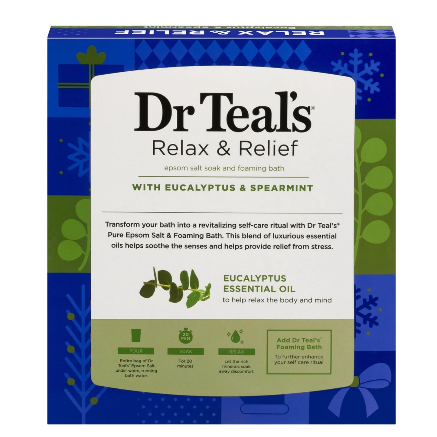 Dr Teal's Holiday Limited Edition Bath Gift Set - Epsom Salt Soak and Foaming Liquid, 14 oz Salt, 3 fl oz Bath (Eucalyptus) Beauty and Personal Care Dr Teal's