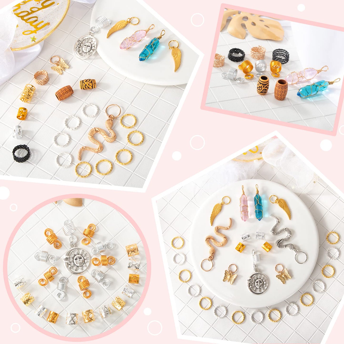 200pcs Hair Beads Jewelry, Dreadlocks Gem Crystal Charms, Metal Coils Rings, Gold And Silver Pendants,Braid Cuffs,Clips,Loc Tube Bead Braid Beauty & Personal Care Vaikby