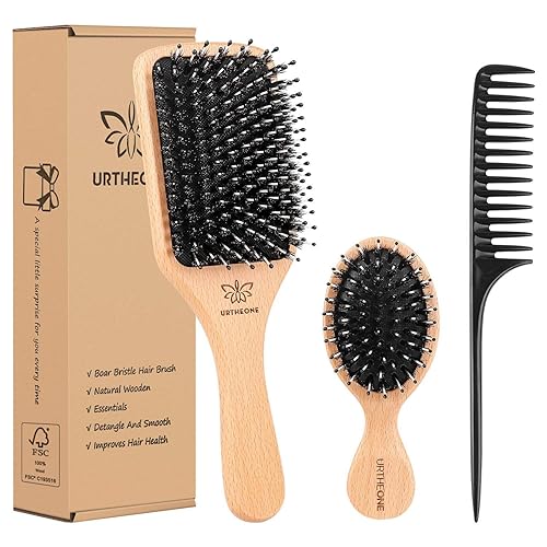 Boar Bristle Hair Brush and Comb Set for Women Men Kids, Best Natural Wooden Paddle Hairbrush and Small Travel Styling Brush for Wet or Dry Hair Beauty & Personal Care URTHEONE