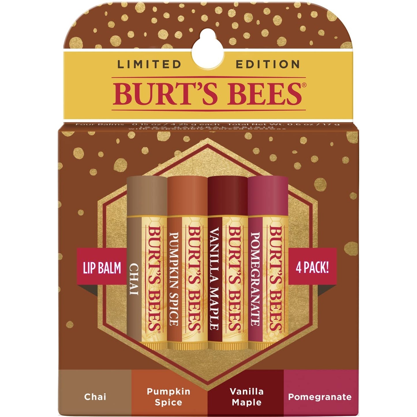 Burts Bees 100% Natural Moisturizing Lip Balm, Winter Variety Pack, Chai Tea, Pumpkin Spice, Vanilla Maple, Pomegranate, 4 Tubes of Lip Balm, 0.15 Beauty & Personal Care Burt's Bees