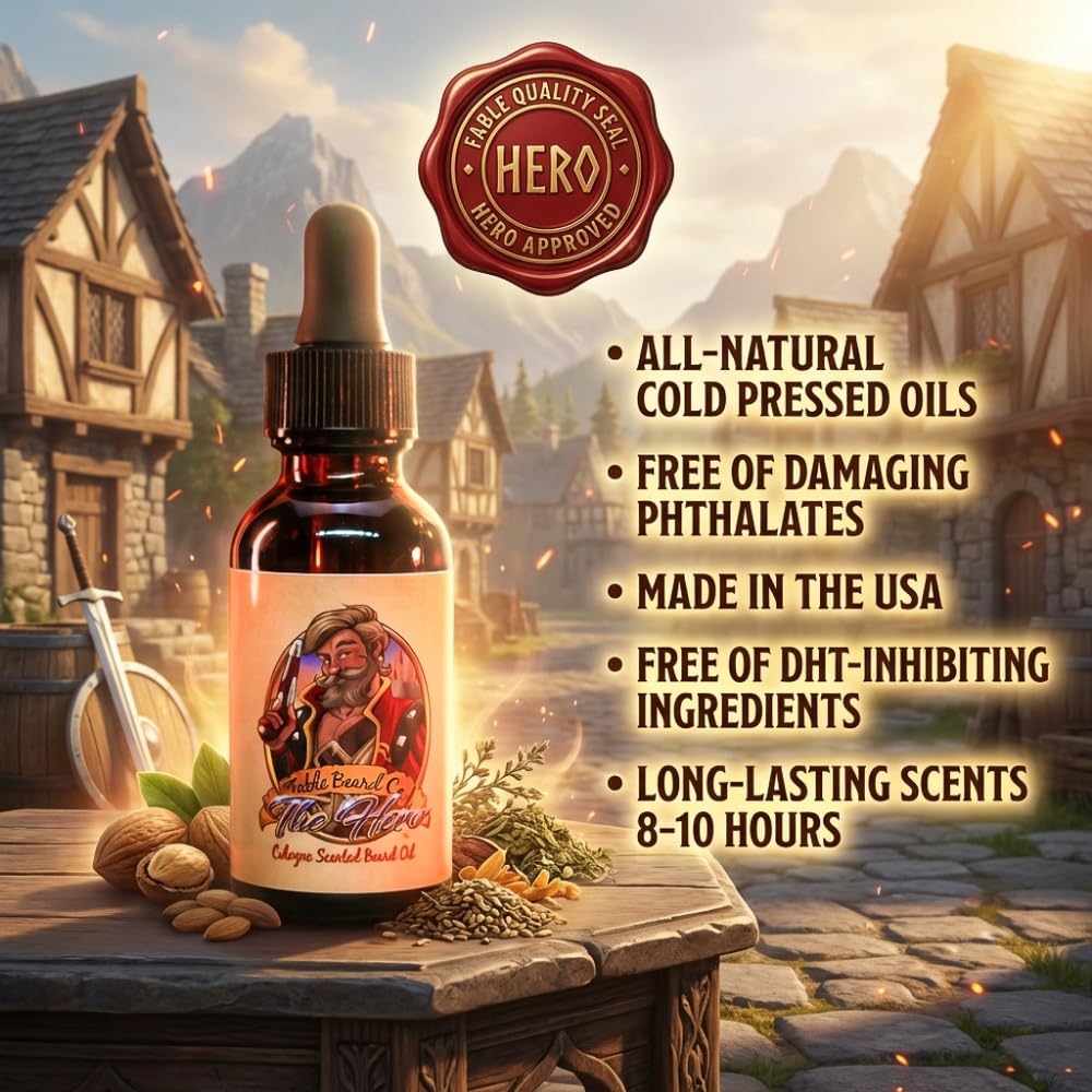 Fable Beard Co. Beard Oil - The Hero, Warm Tobacco, Light Cologne, & Mystical Amber, Natural Beard Oil for Men with Jojoba & Argan Oils, Vitamin E Beauty and Personal Care Fable Beard Co.