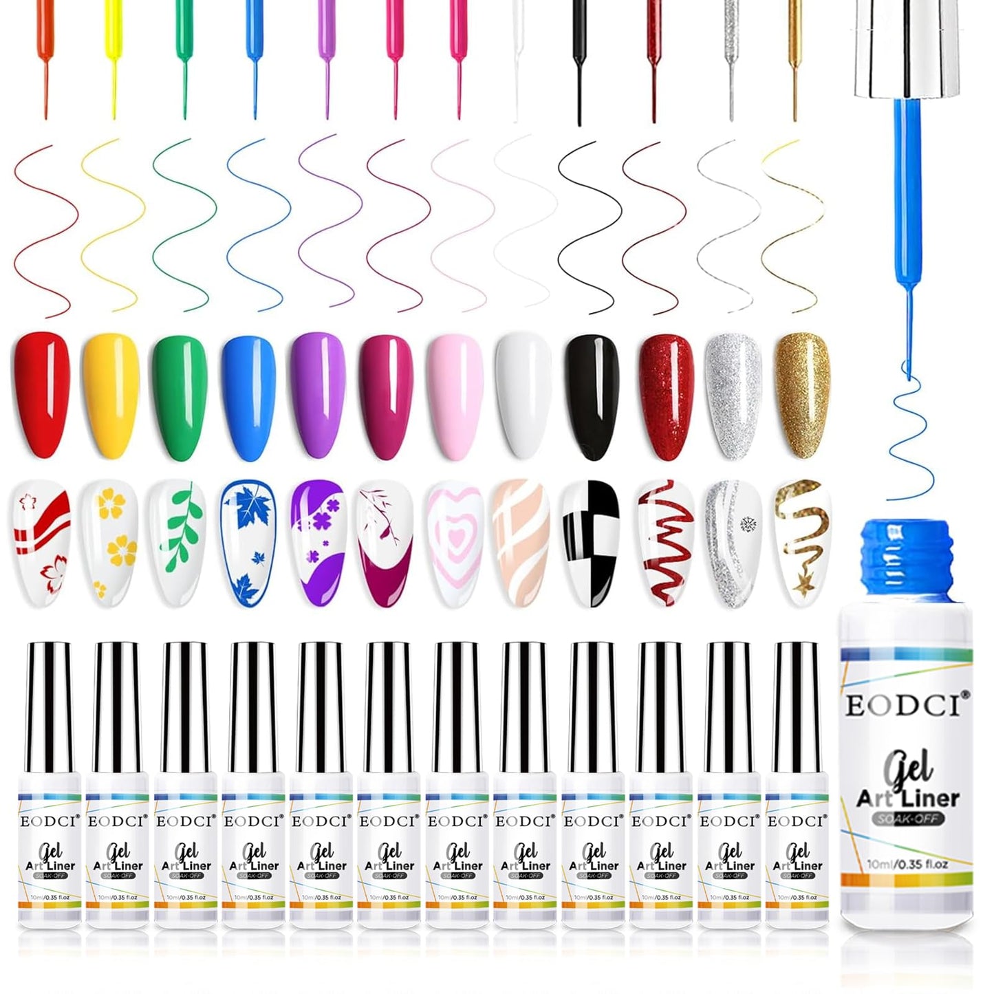 eodci Nail Art Gel Liner Set, 12 Colors Black Red Pink Yellow Green Glitter Fall Winter Gel Polish for Swirl French Tip Painting Designs Soak Off Beauty & Personal Care eodci