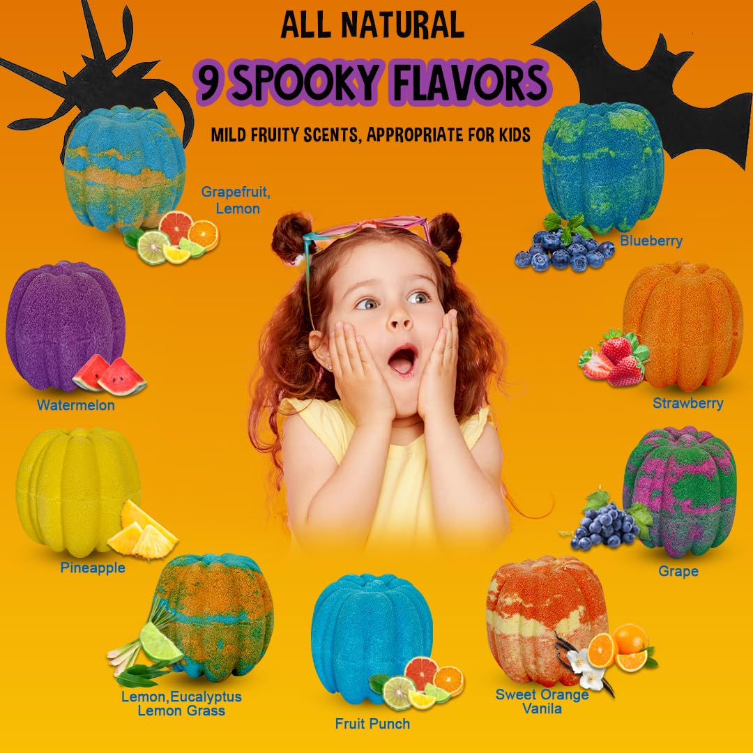 Bath Bombs for Kids with Surprise Toys Inside - Set of 9 Organic Halloween Bath Bombs, Gentle and Safe - Fizzy Balls with Rainbow Bubbles, Halloween… Beauty & Personal Care Mineral Me California