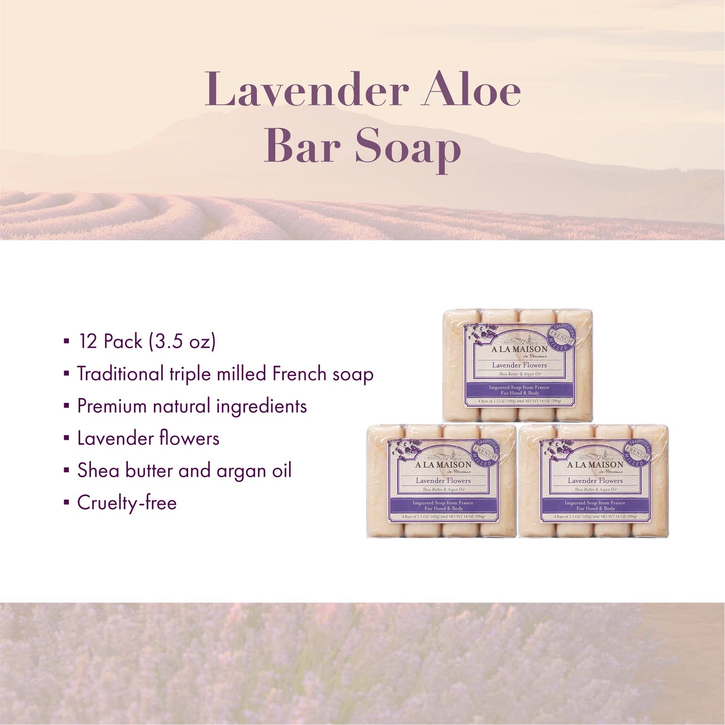 A LA MAISON - Lavender Aloe Bar Soap - Triple French Milled Natural Moisturizing Hand Soap Bar (4 Bars of Soap, 3.5 oz) Beauty & Personal Care A LA MAISON
