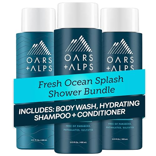 Oars + Alps Men's Sulfate Free Hair Shampoo, Conditioner, and Body Wash Kit, Moisturizing Skin Care Infused with Kelp and Algae Extracts, Fresh Ocean Beauty & Personal Care Oars + Alps