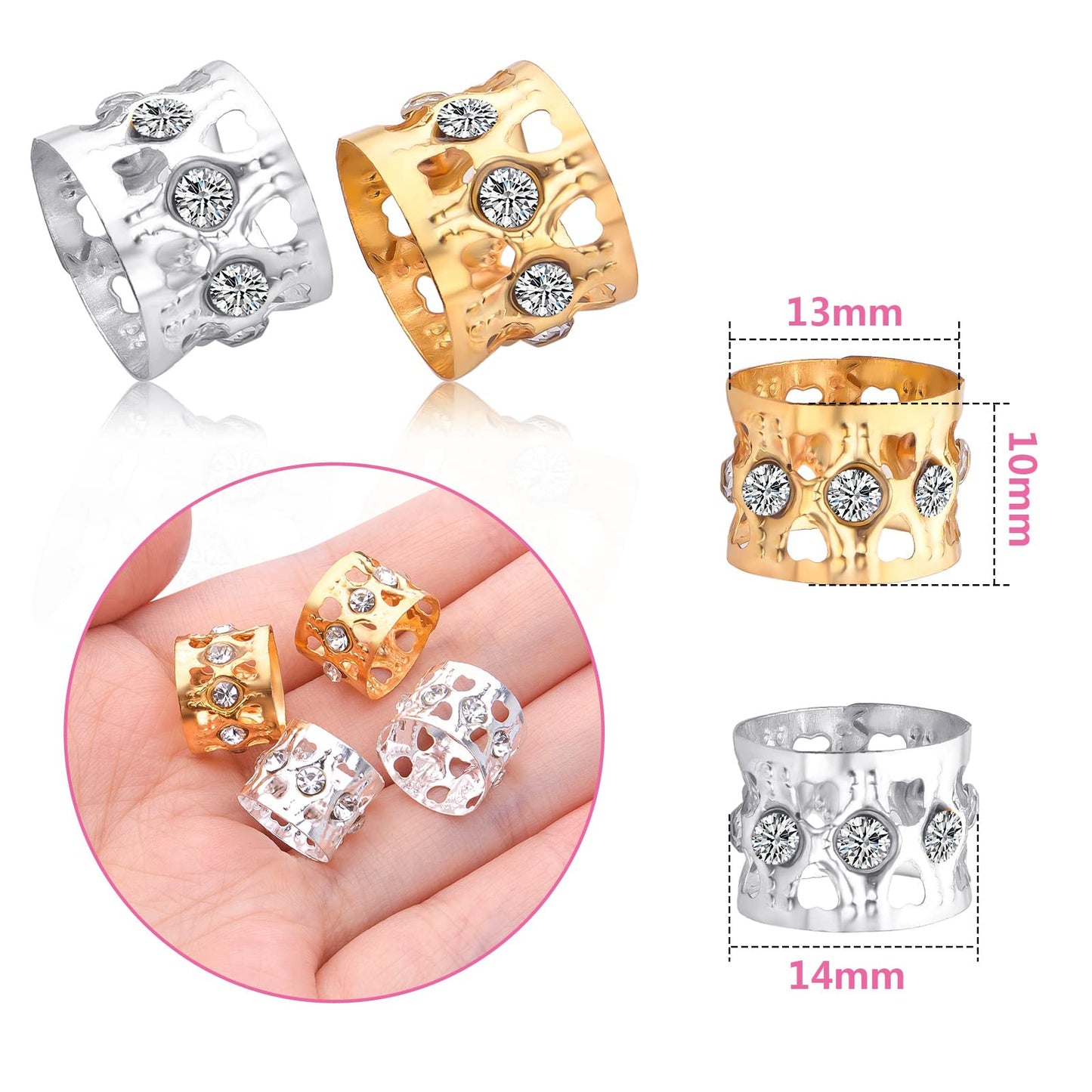 50pcs Rhinestone Dreadlocks Beads Alloy Hair Ring Decoration Braiding Hair Braid Cuff Clip Beard Hollow Heart Tube Beads Accessories for Women Men Beauty & Personal Care Hmjpng
