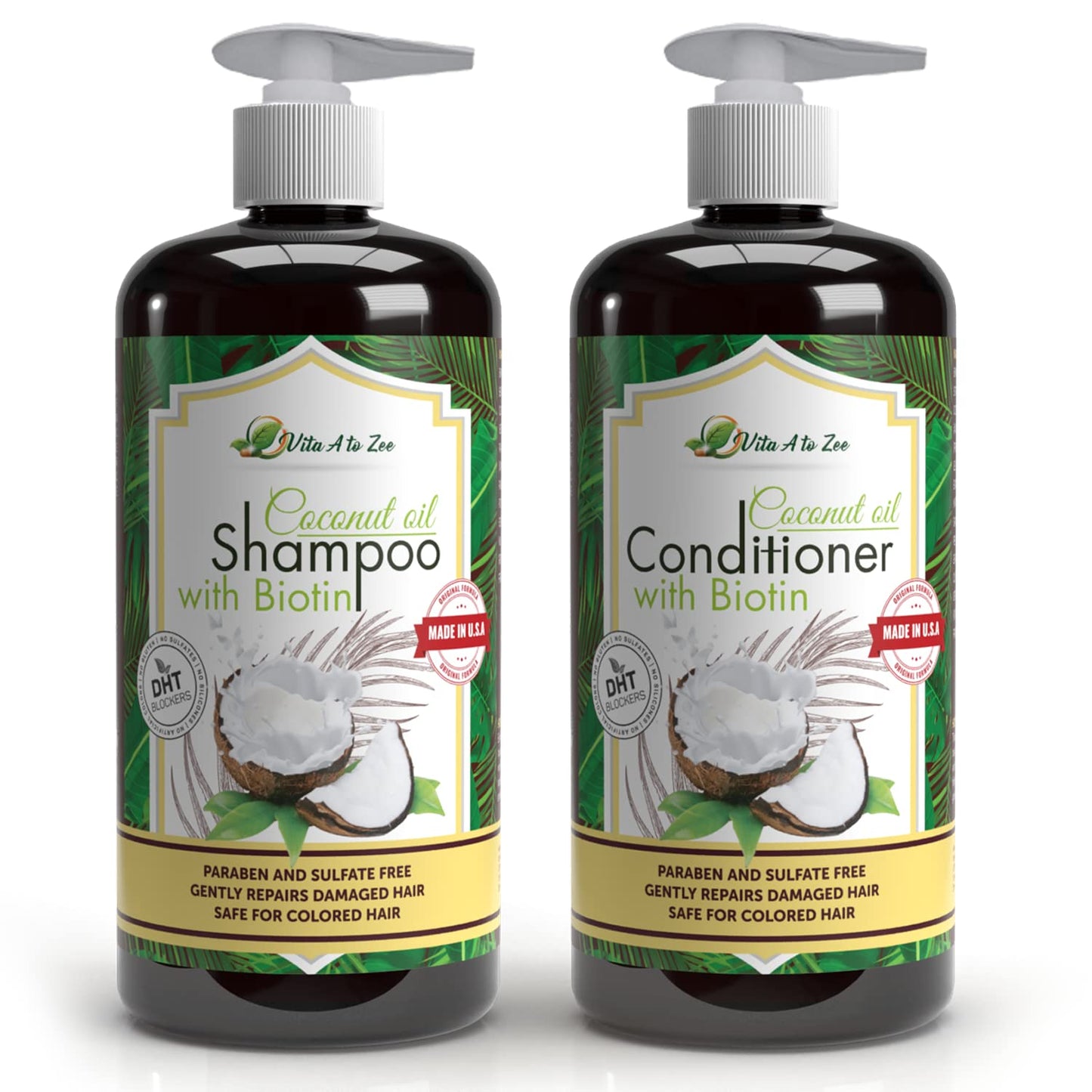 Vita A to Zee Coconut Oil Shampoo & Conditioner with Biotin, Aloe Vera (2 x 16.9 Fl Oz) - Hair Regrowth Shampoo Conditioner for Dry, Frizzy & Coarse Beauty & Personal Care Vita A to Zee