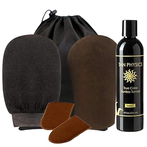 Tan Physics Sunless Tanner - 6pc Tanning Kit with Face & Body Mitts, Exfoliation Mitt & Travel Bag - Self Tanning Lotion for Face & Body - Instant Beauty & Personal Care Tan Physics