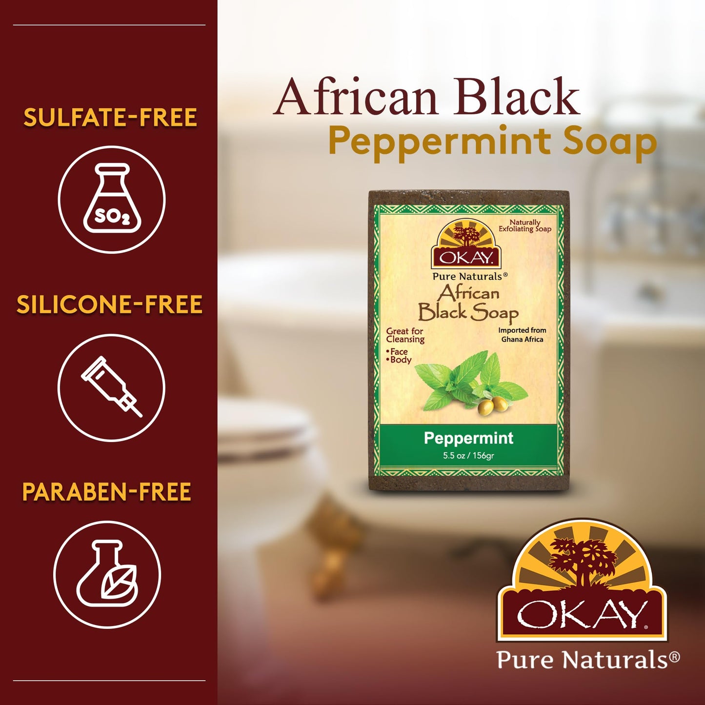 OKAY | African Black Soap with Peppermint | For All Skin Types | Cleanses and Exfoliates | Nourishes and Heals | Free of Sulfate, Silicone & Paraben | Beauty & Personal Care OKAY
