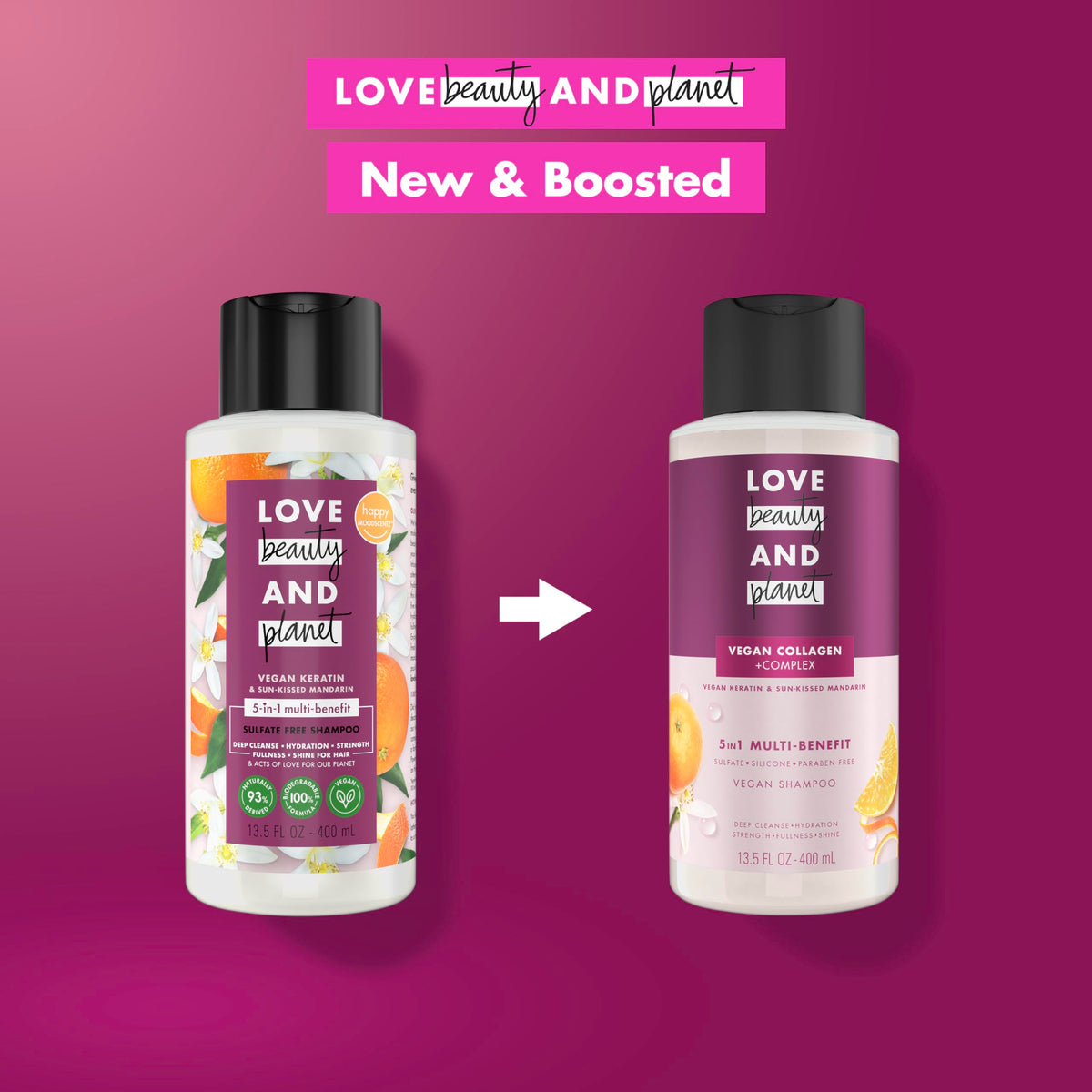 Love Beauty and Planet 5-in-1 Multi-Benefit Shampoo Vegan Keratin Collagen & Sun-Kissed Mandarin for a Deep Cleanse, Hydration, Strength, Fullness &
