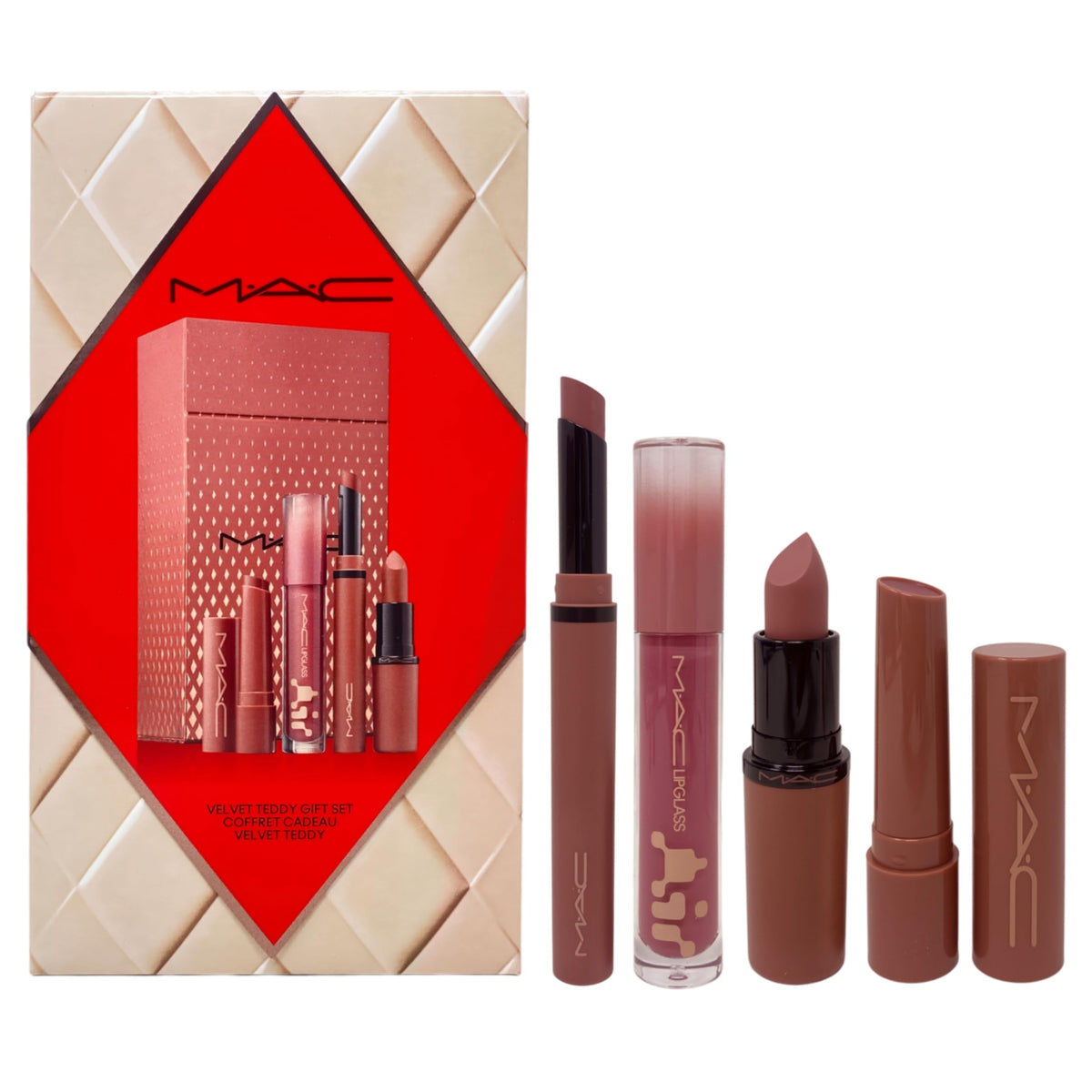 MAC M·A·C Cosmetics Holiday Exclusive Velvet Totally Teddy Lip 4-Piece Kit - Satin Lipstick, Plumping Gloss Stick, Slim Lipstick and Lip Gloss