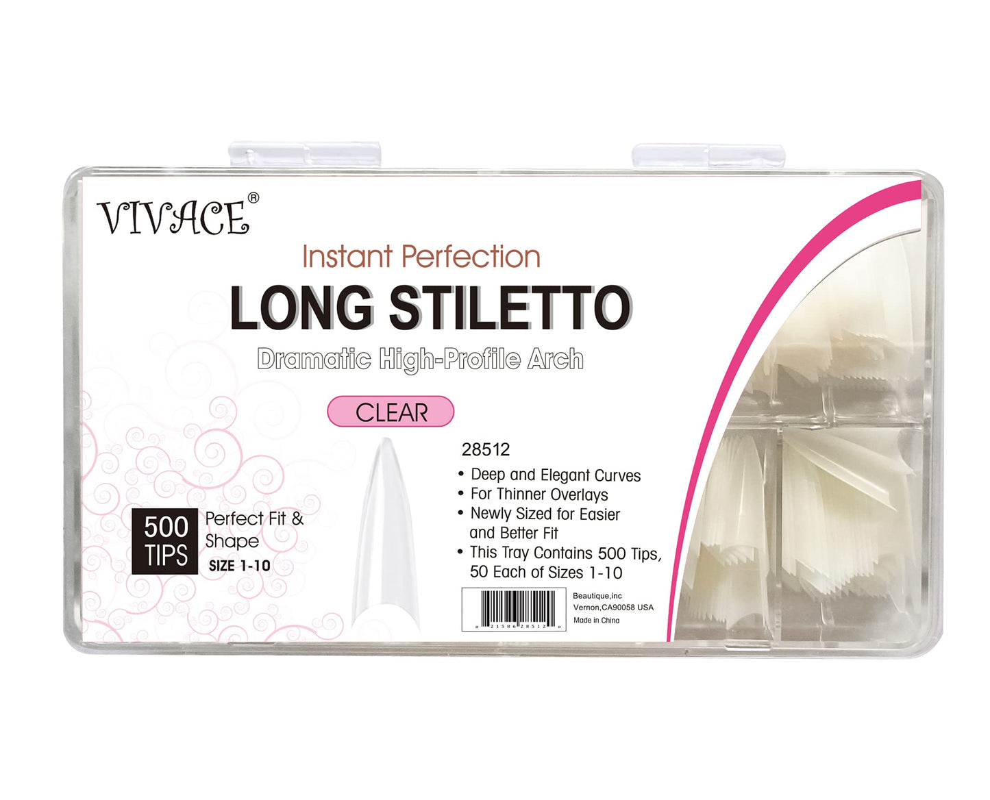 VIVACE Clear Long Stiletto 500pcs Artificial Fake Gel Nail Tips,10 Sizes With Clear Plastic Case For Nail Salon Beauty & Personal Care Vivace