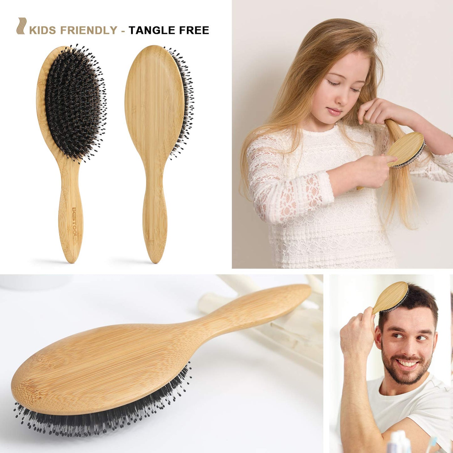 BESTOOL Hair Brush-Boar Bristle Hair Brushes Natural Bamboo Wooden Cushion Massage Anti Static Large Paddle Hairbrush for Women Men and Kid (Round) Beauty & Personal Care BESTOOL