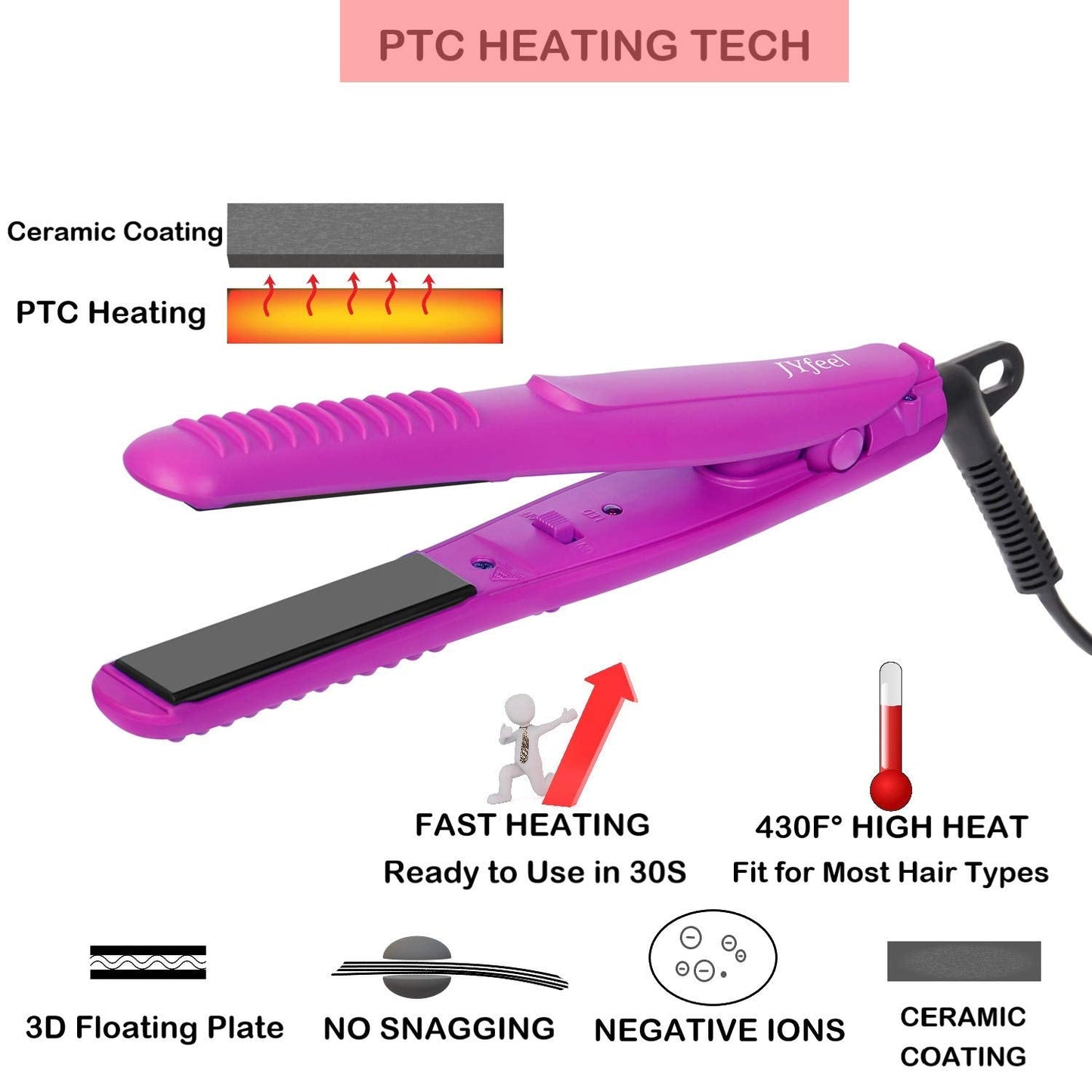 JYfeel Mini Travel Flat Iron, 2/3 inch, Ceramic Tourmaline, Dual Voltage Hair Straightener, instant Heat Up to 430, with Travel Case Beauty & Personal Care JYfeel