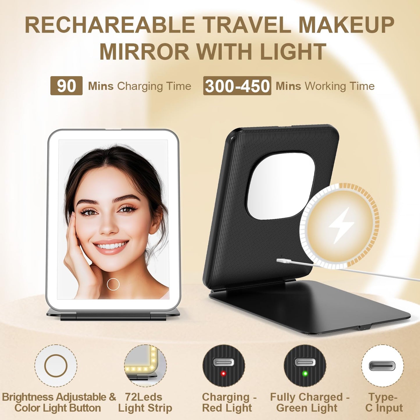 Mocado LED Foldable Travel Makeup Mirror - 5x7 inches 3 Colors Light Modes USB Rechargeable Touch Screen, Portable Tabletop Cosmetic Mirror Beauty & Personal Care Mocado