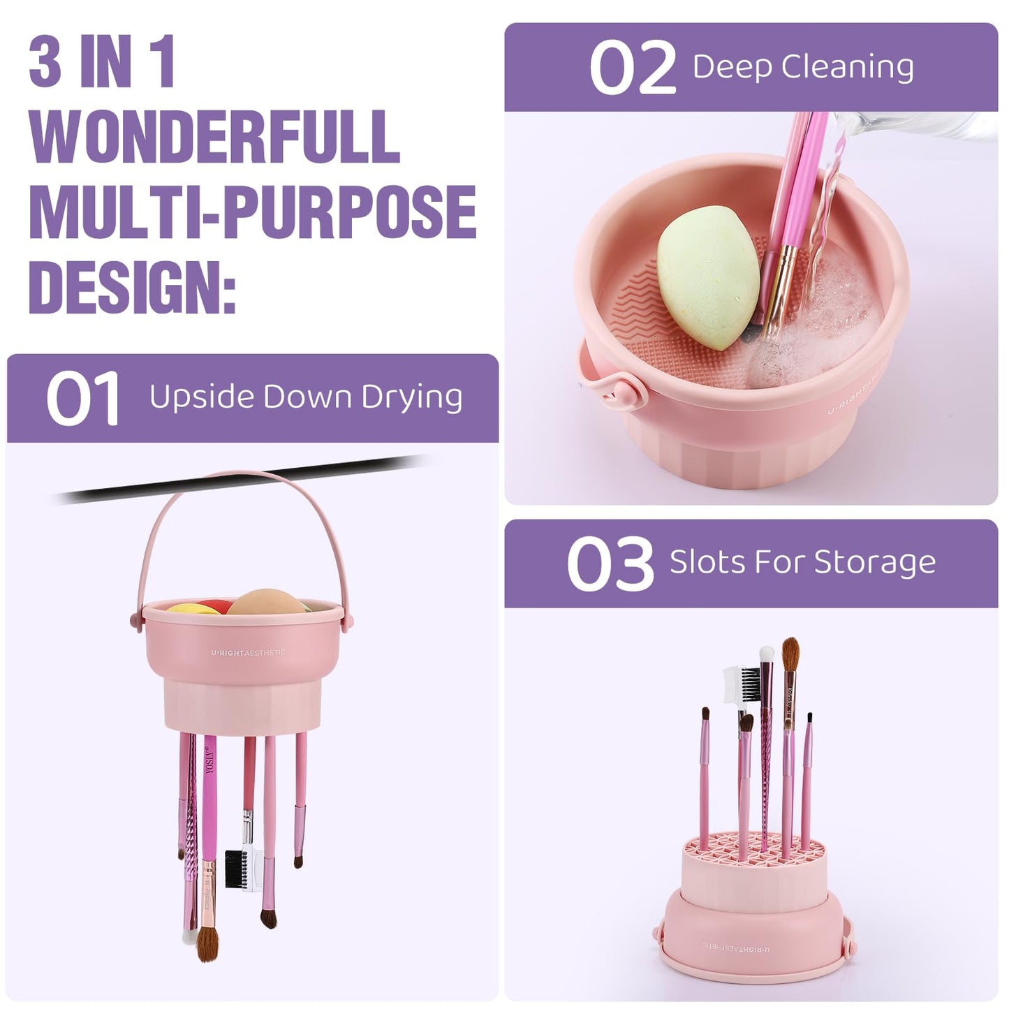 Makeup Brush Cleaner Mat 3 in 1 Silicone Makeup Brush Cleaner Bowl Cosmetic Brushes Cleaning Tool Organizer for Storage and Air Drying (Pink) Beauty & Personal Care GOLIKEE