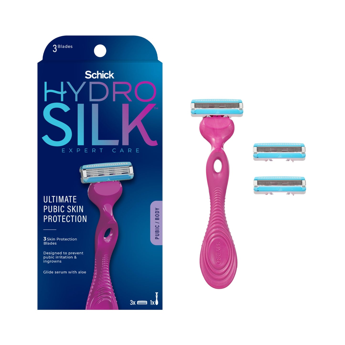 Schick Hydro Silk Ultimate Pubic Skin Protection, Bikini Razor - Razors for Women Sensitive Skin, Pubic Hair Razor for Women, Includes 1 Handle with 3 Beauty and Personal Care Schick Hydro Silk