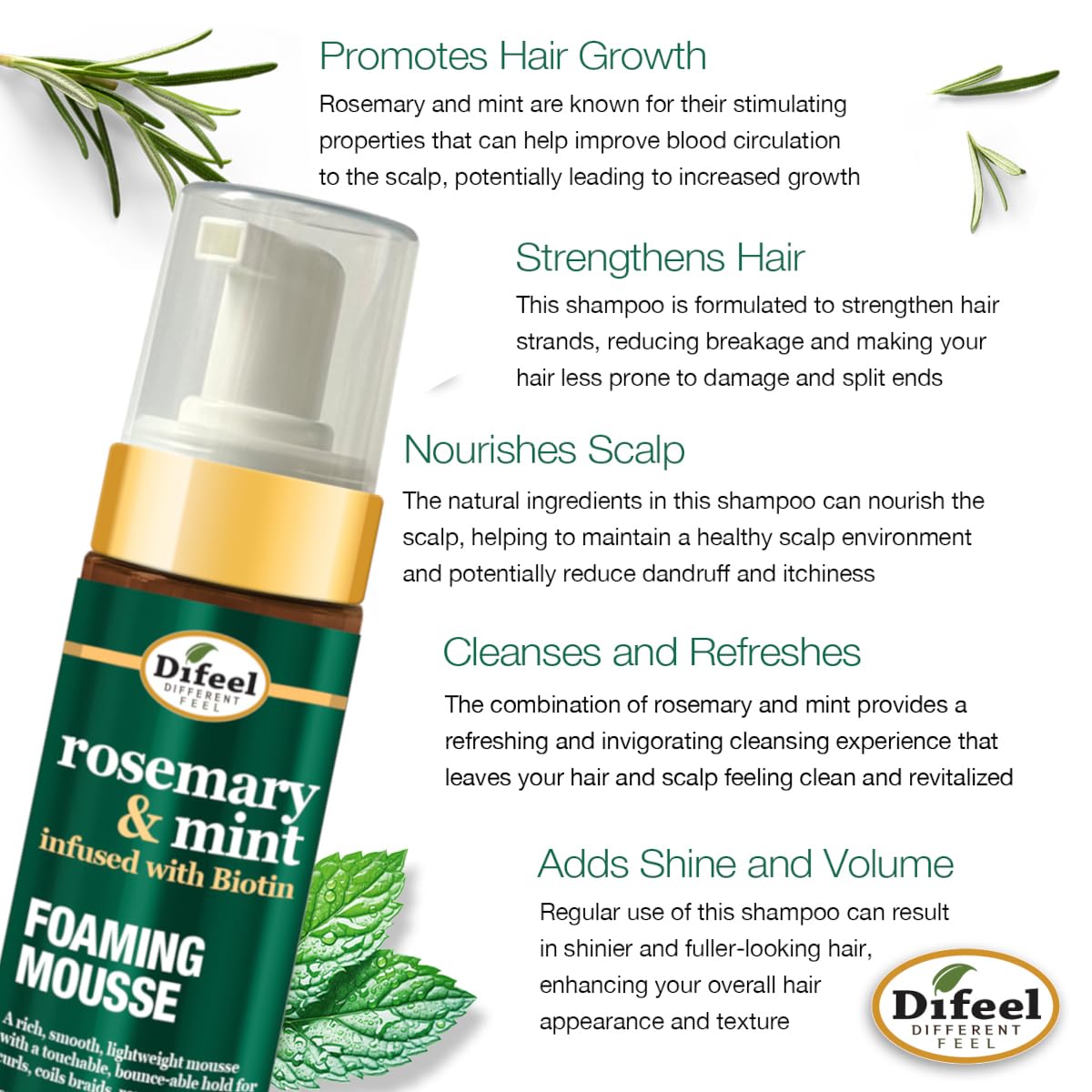 Difeel Rosemary & Mint Foaming Mousse 8 Ounces - Infused with Biotin, Level 6 Hold for Curls, Coil Braids, Rows and More Beauty & Personal Care Difeel