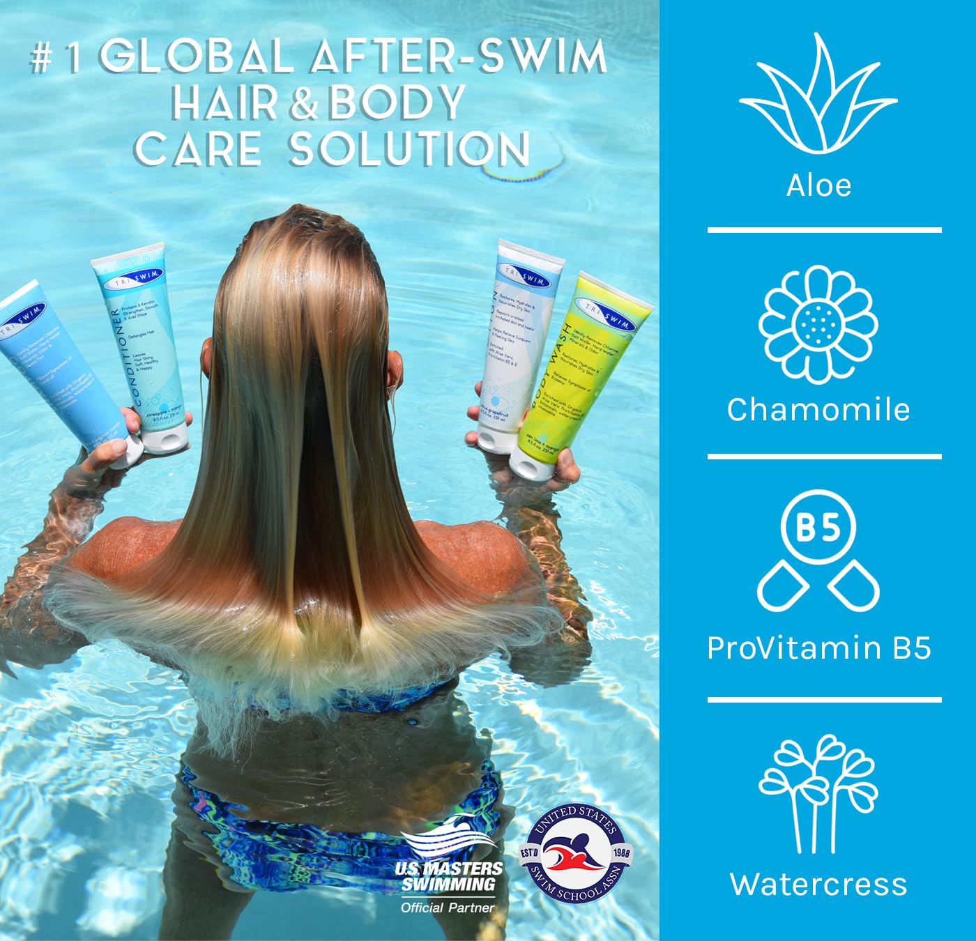TRISWIM Pack of 4 Swim Care Set | Chlorine Removal Shampoo, Conditioner, Body Wash & Lotion, 8.5 fl oz Each | Removes Chlorine from Hair & Skin | Beauty & Personal Care TRISWIM