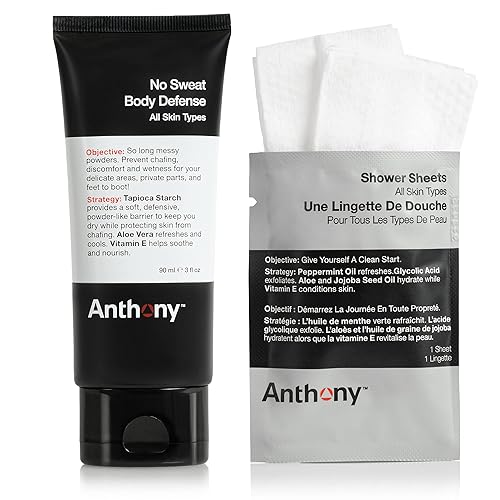 Anthony No Sweat Body Defenseand Shower Sheet Bundle - Anti-Chafing, Anti-Itch Cream-to-Powder - 3 Fl. Oz and 1 Shower Sheet, Protects Skin from Beauty & Personal Care Anthony