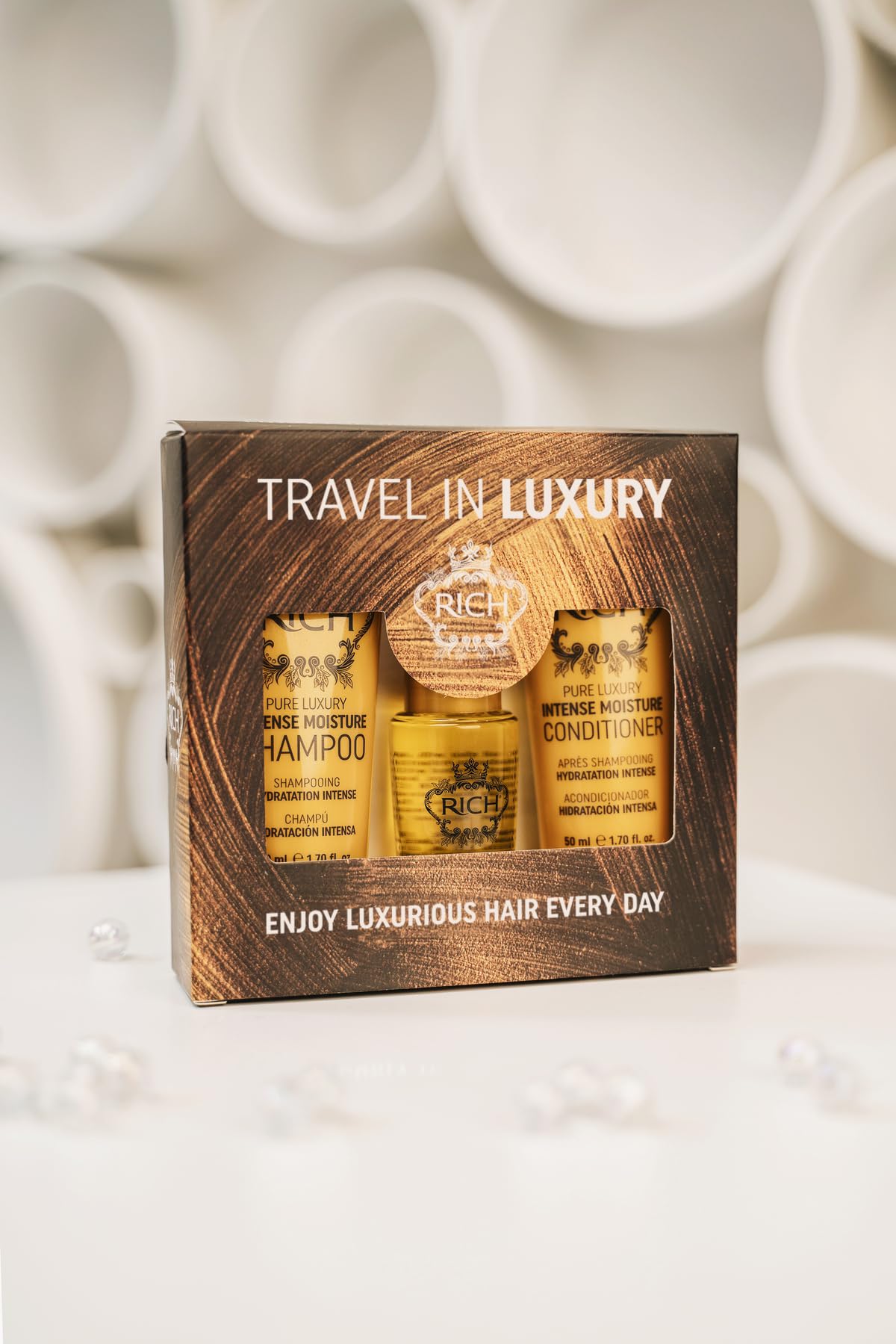 RICH Travel in Luxury Gift Set - Intense Moisture Shampoo 1.70 Fl Oz, Conditioner 1.70 Fl Oz, Argan Oil Elixir 1.0 Fl Oz for moisturzing hair Beauty & Personal Care RICH