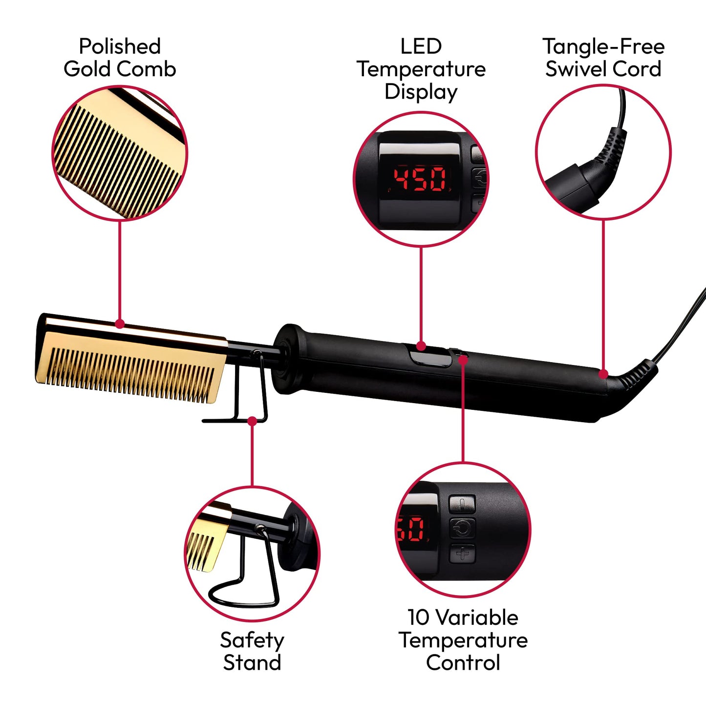 Red by Kiss Hot Comb Hair Straightener 450 Degrees, Straight Teeth Electric Heating Comb, Pressing Comb Brush for Straightening Hair and Beard Beauty & Personal Care Red by Kiss