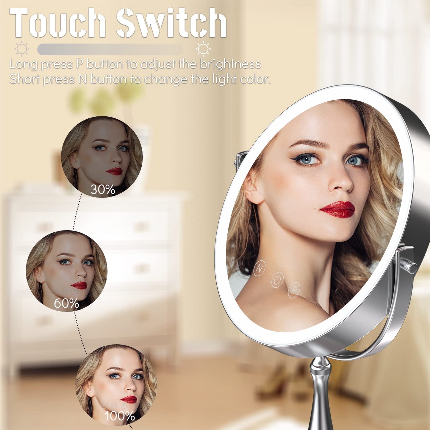WIZCHARK 9" Large Lighted Makeup Mirror, 1X/10X Magnifying Vanity Mirror with 3 Colors Dimmable Lightning, 80 LED Lights, 360°Rotation Double Sided Beauty & Personal Care WIZCHARK