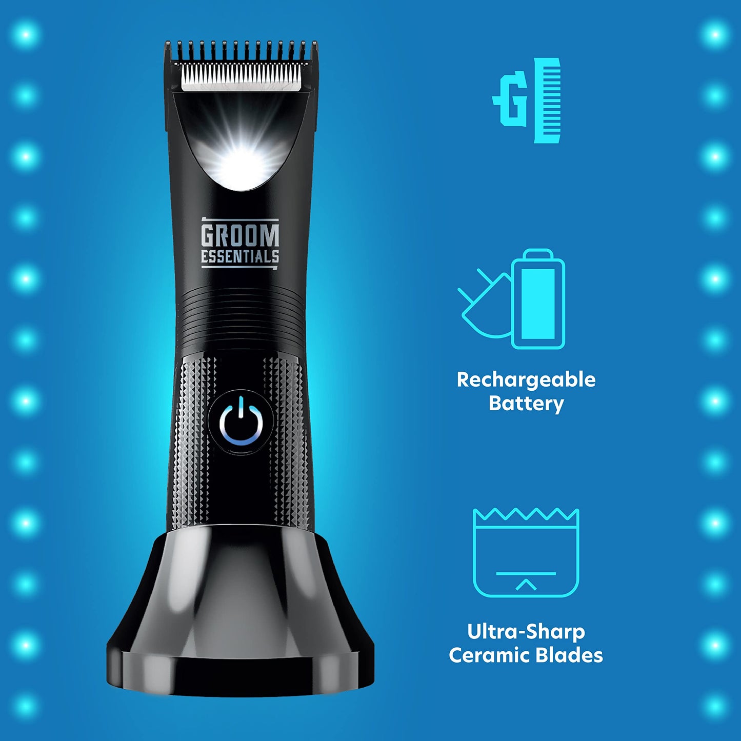 Groom Essentials Rechargeable Hair Trimmer, Body-Hair Shaver with Ceramic Blades, Adjustable 3-Setting Trimming Guide, 90-Minute Battery, Includes Beauty and Personal Care CHARGEWORX