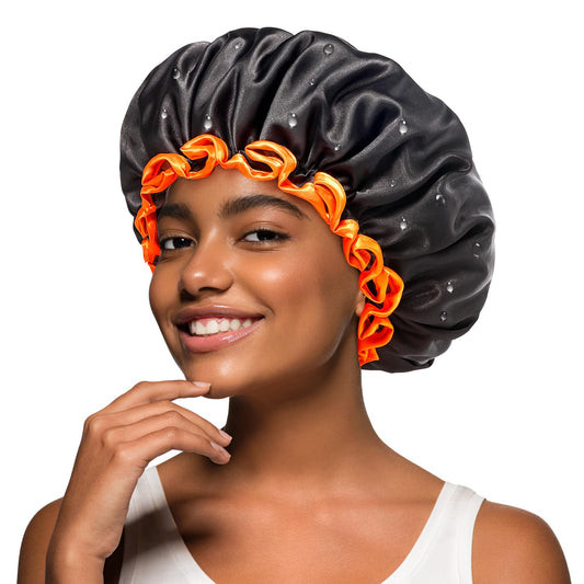 mikimini Black Shower Cap, Double Layers Waterproof Bathing Hair Cap with Reusable Soft Comfortable PEVA Lining, Cute, Non-fading & Stretchy Shower Beauty & Personal Care mikimini