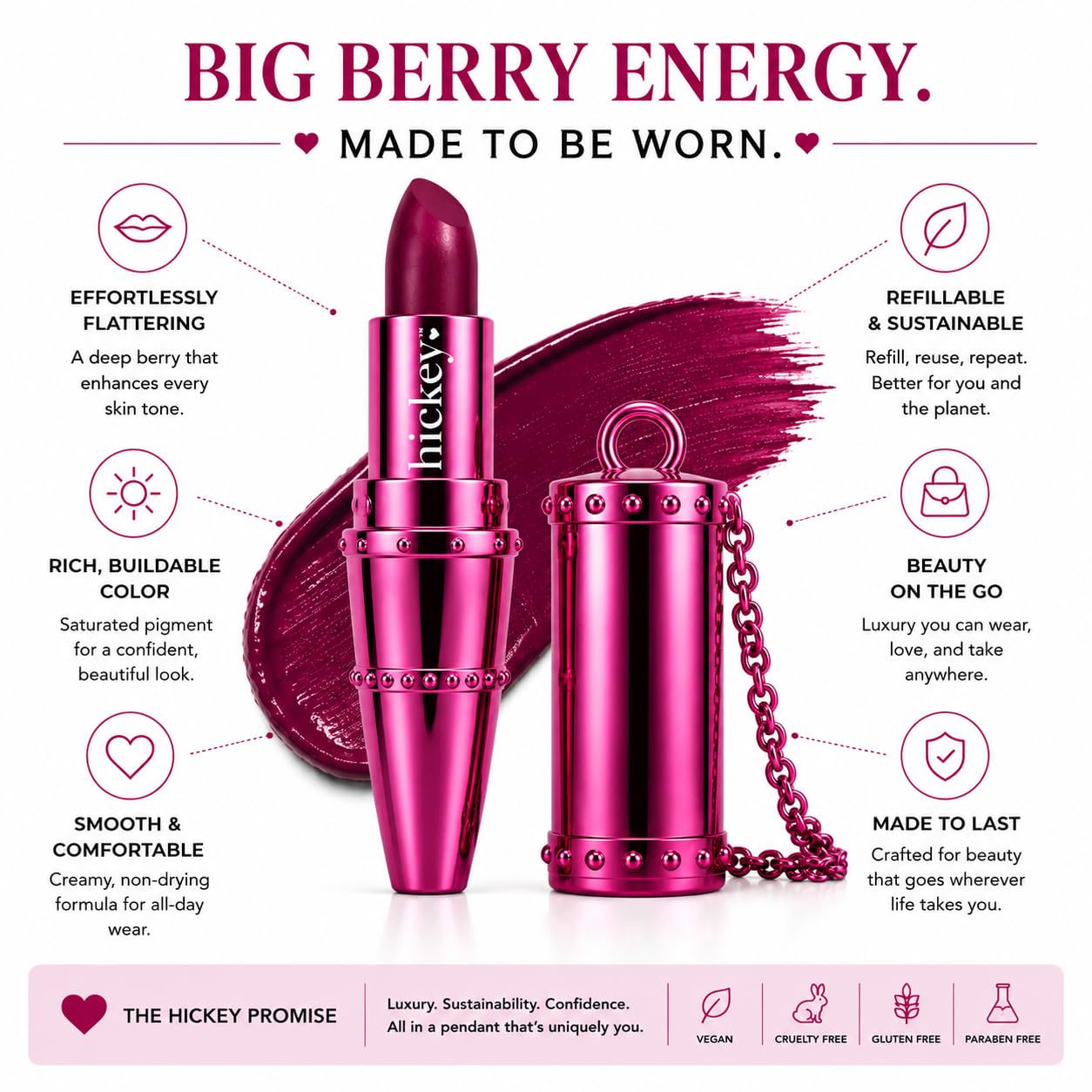 Hickey Refillable Pendant Lipstick, Big Trouble[Berry Wine] - Wearable Satin Lip Color on a Chain, Refillable Clean Beauty, Full Lipstick Included Beauty & Personal Care Hickey