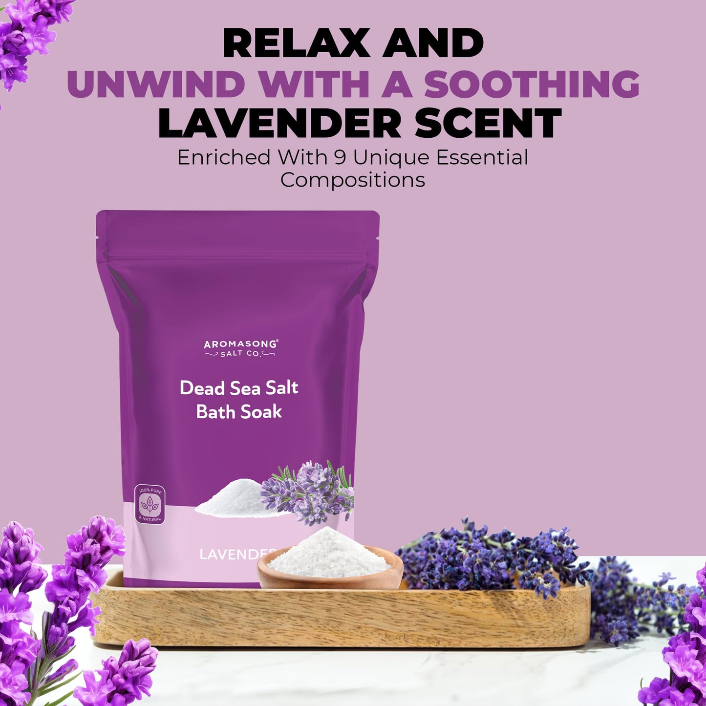 Aromasong Dead Sea Salt for Soaking with Natural Lavender Essential Oil - 14 Oz. Spa Bath Salt Fine Grain 7 Uses Per Pack - for Body Wash Scrub - Soak Beauty and Personal Care Aromasong