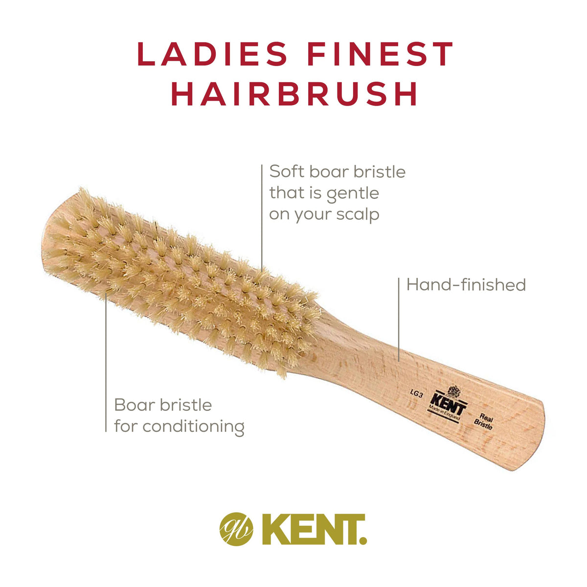 Kent LG3 Finest Hair Brushes for Women - Natural Beechwood and Boar Bristle Narrow Hairbrush for Fine or Medium Thickness Hair All Lengths - Dry Brush