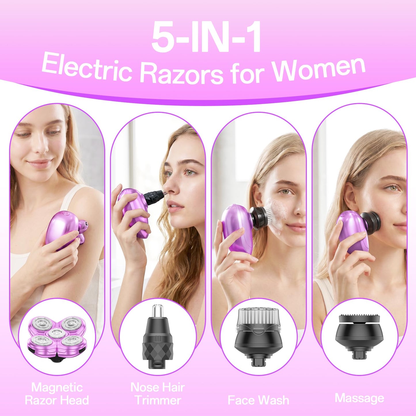 Electric Razors for Women, Waterproof Wet/Dry Womens Electric Razor, Replacement Heads Womens Face Shavers for Legs, Arms, Bikini, Lips, Underarms Beauty and Personal Care Burtily