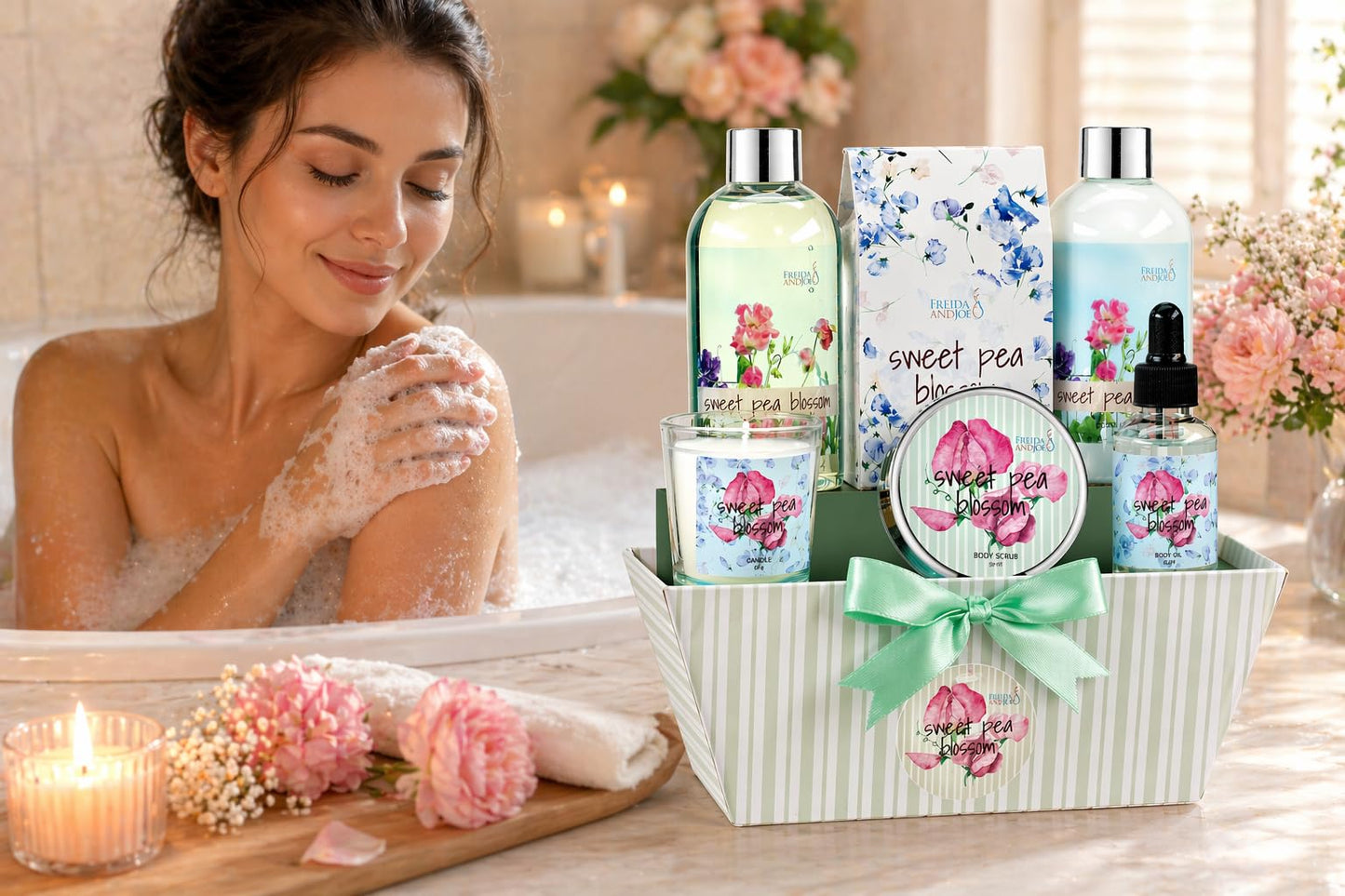 Sweet Floral Blossom Spa Gift Basket for Women - Mother’s Day Bath & Body Gift Set with Shower Gel, Body Lotion, Body Oil, Bath Salts & Candle - Self Beauty and Personal Care Freida and Joe
