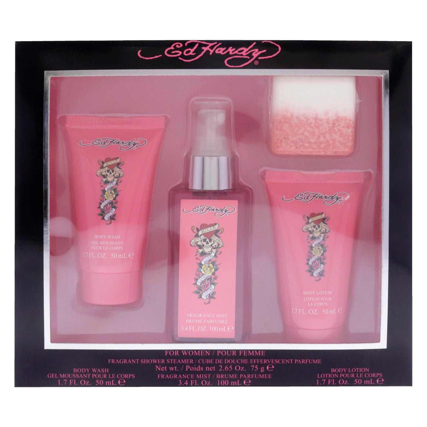 Ed Hardy 4 Pieces Gift Set for Women, (3.4 Ounce Body Mist + 1.7 Ounce Body Lotion + 1.7 Ounce Body Wash + 2.65 Ounce Shower Steamer) Beauty & Personal Care ED HARDY