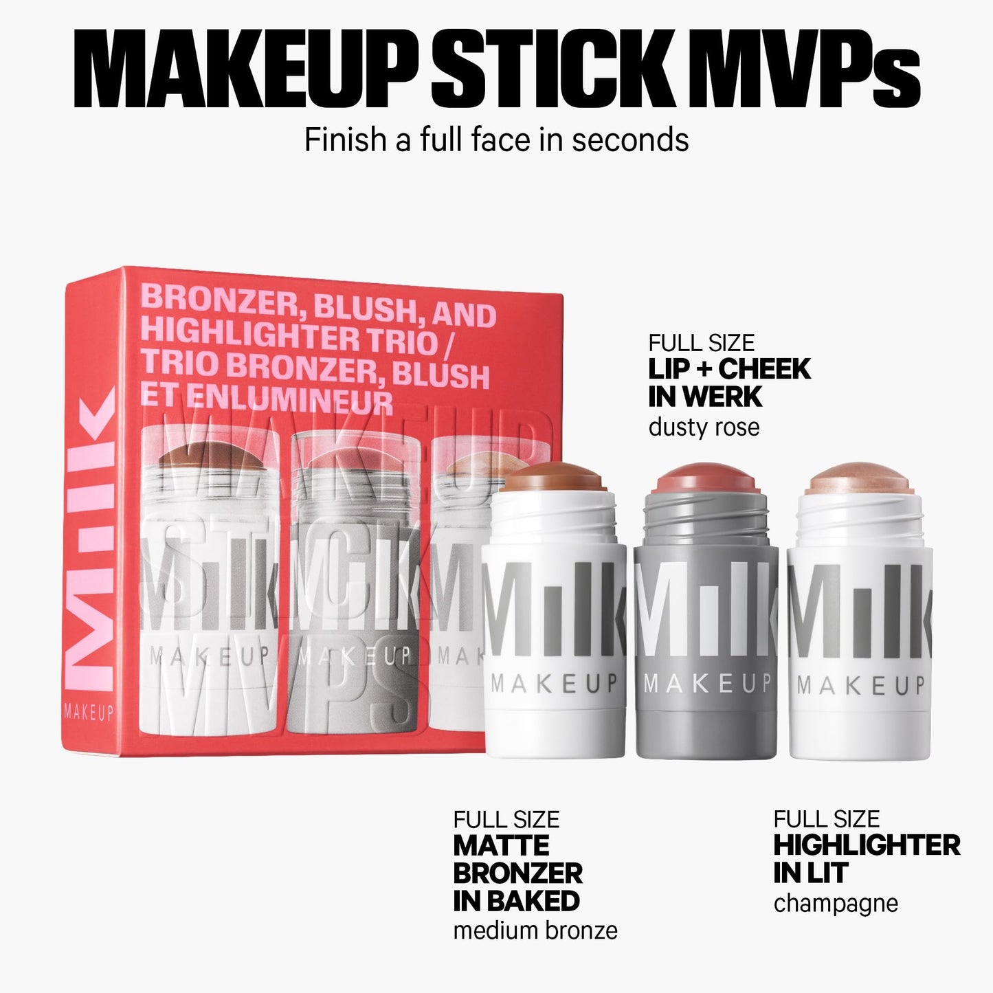 Milk Makeup Bronzer, Blush + Highlighter Full Size Trio - Bronzer in Baked .19oz, Cream Blush + Lip Color in Werk (Dusty Rose) .21oz + Highlighter Beauty & Personal Care Milk Makeup