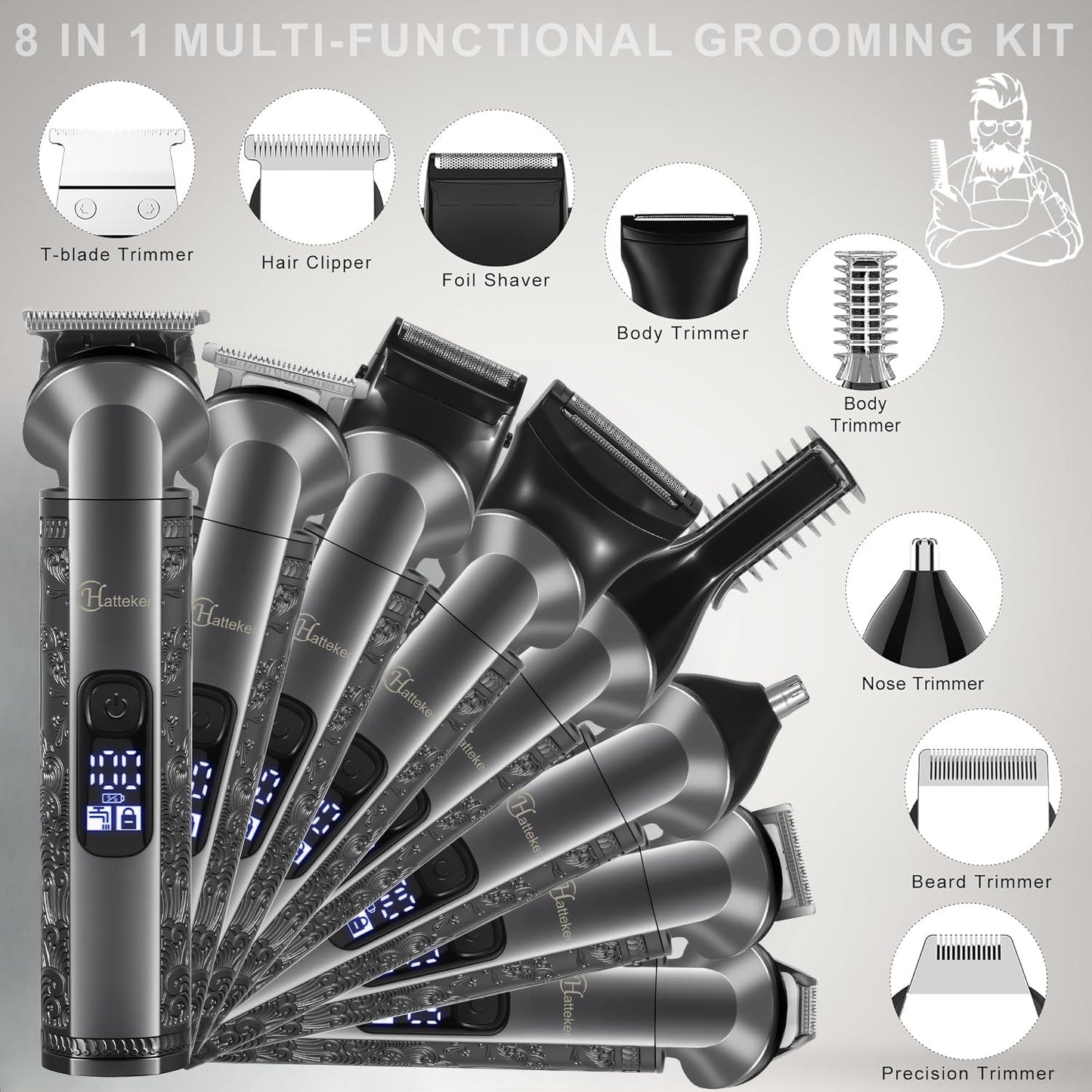 Hatteker 8-in-1 Multi-Functional Grooming Kit for Men Beard Trimmer for Men Hair Clipper Precision TrimmerNose Ear Trimmer Body Groomer Zero-Gap Beauty and Personal Care Hatteker