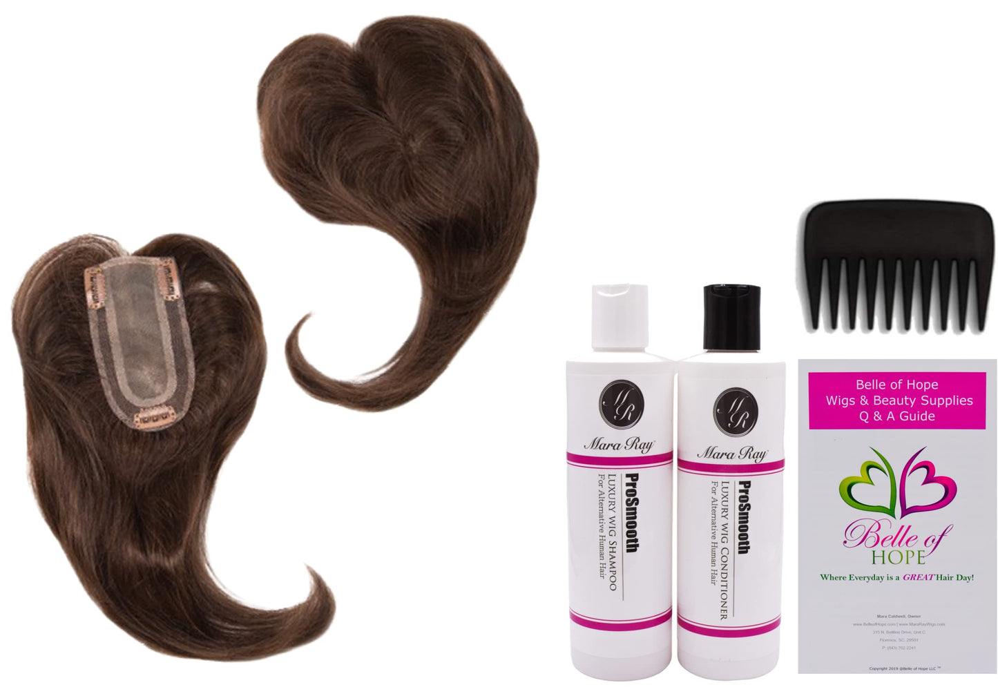 ADD-ON PART Human Hair/HF Synthetic Blend Topper by Envy, 5PC Bundle: Topper, 4oz Mara Ray Luxury Shampoo & Conditioner, Wide Tooth Comb, and 19 Page Beauty & Personal Care Belle of Hope Mara Ray