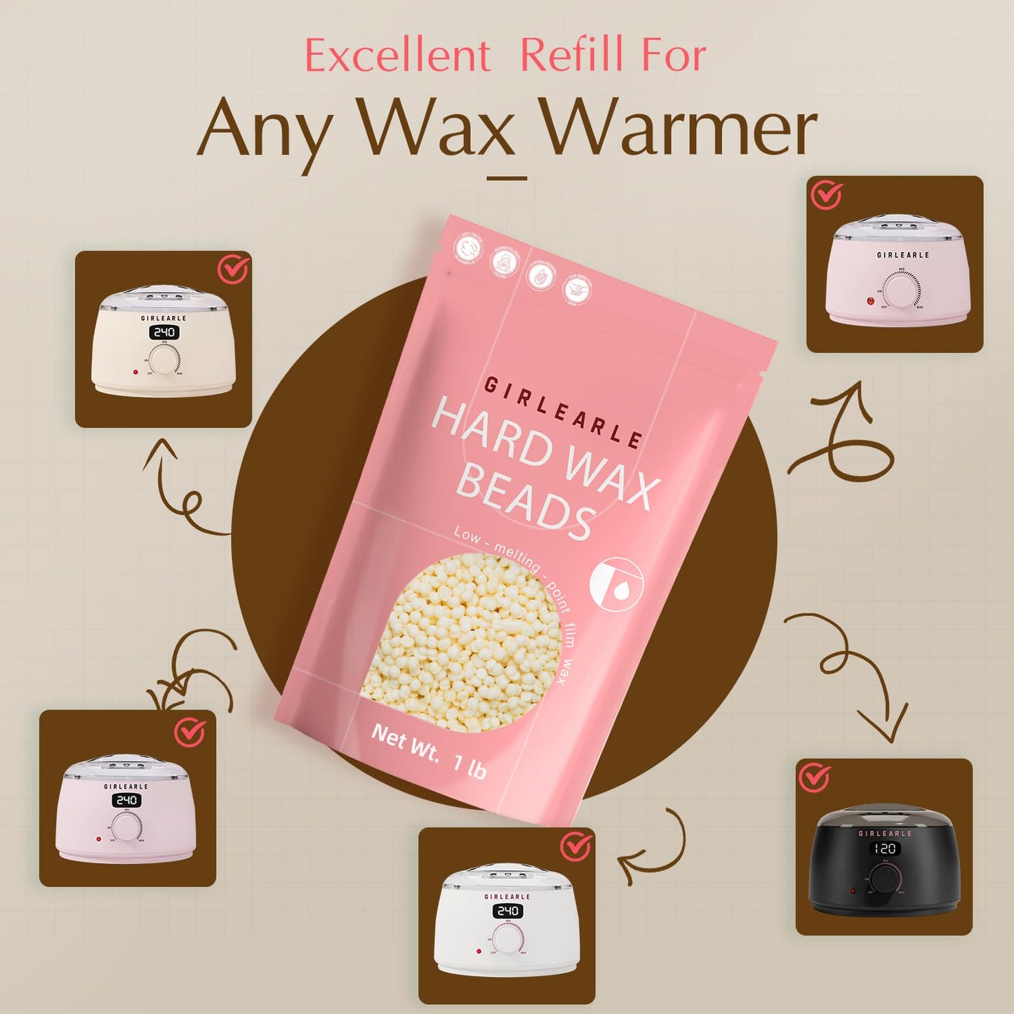 GIRLEARLE Hard Wax Beads, 1lb Wax Beans for Hair Removal, Hard Wax for Sensitive Skin at Home, Wax Refill Perfect for Eyebrow, Facial, Brazilian Beauty and Personal Care GIRLEARLE