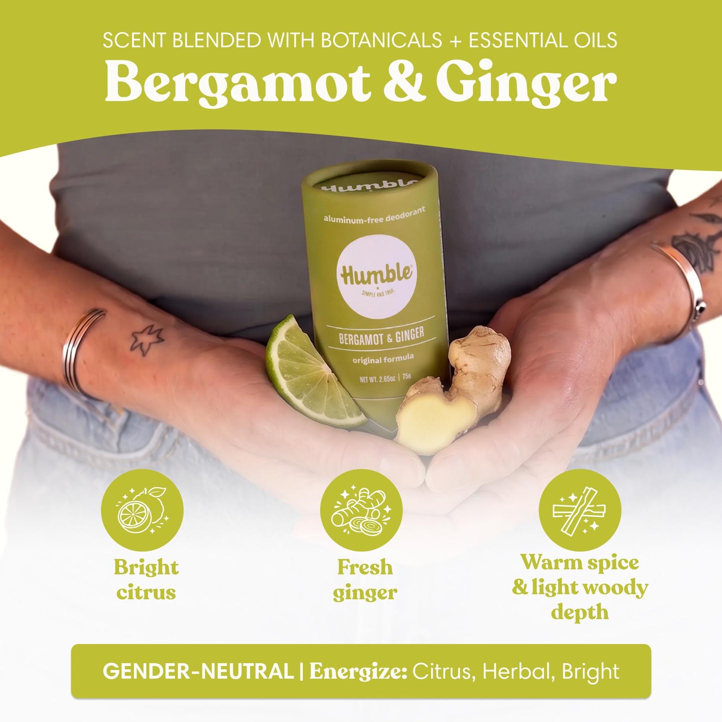 HUMBLE BRANDS Deodorant Stick, Bergamot & Ginger - Aluminum-Free Deodorant for Women & Men with Baking Soda, Essential Oils & Beeswax - Underarm Beauty and Personal Care HUMBLE SIMPLE AND TRUE.