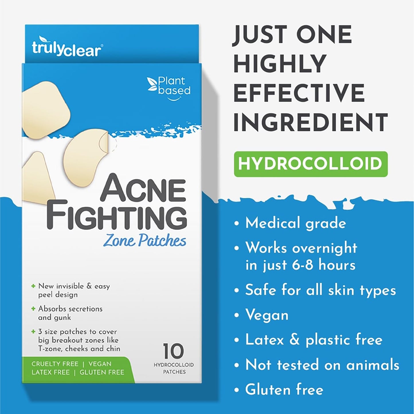 Truly Clear Large Acne Pimple Patches for Face & Body - 10 Count, Hydrocolloid Blemish & Zit Patches for Face & Body - Plant-Based, Cruelty-Free Acne Beauty & Personal Care Truly Clear