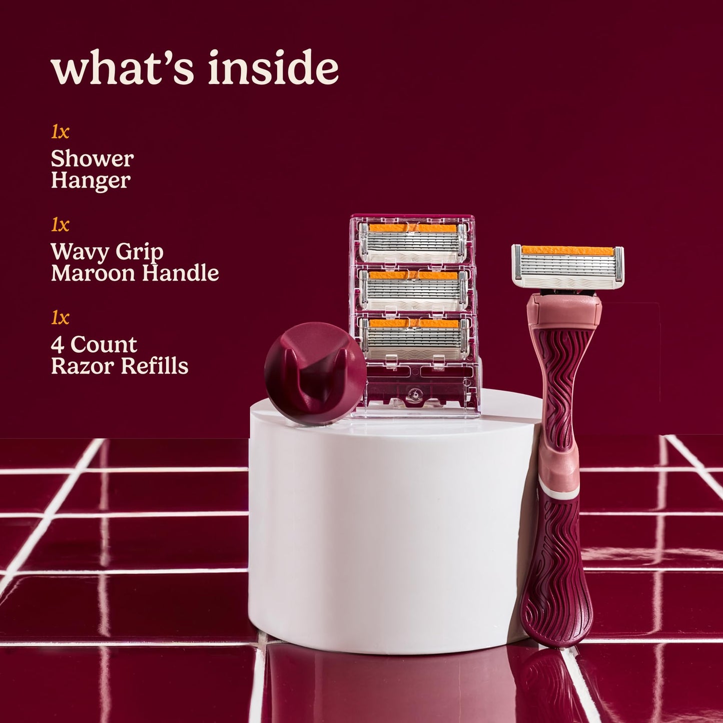 Dollar Shave Club For Women | 1 Maroon Wavy Grip Handle, 4 Razor Refills, 1 Shower Hanger | Razors for Women, Womens Razors for Shaving Beauty and Personal Care Dollar Shave Club