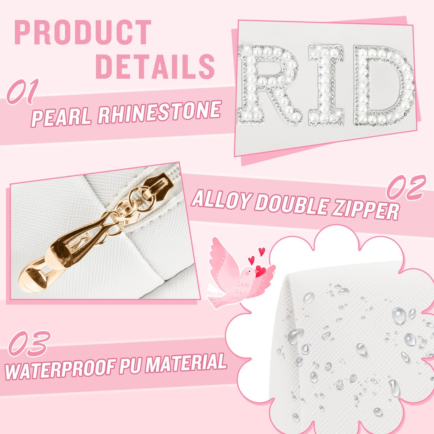 ChaoGreat Bride Gifts - Personalized Makeup Bag with Pearl Rhinestone Patch, Preppy White Monogram Cosmetic/Toiletry Pouch, bridesmaid Gifts, Bridal Beauty and Personal Care ChaoGreat