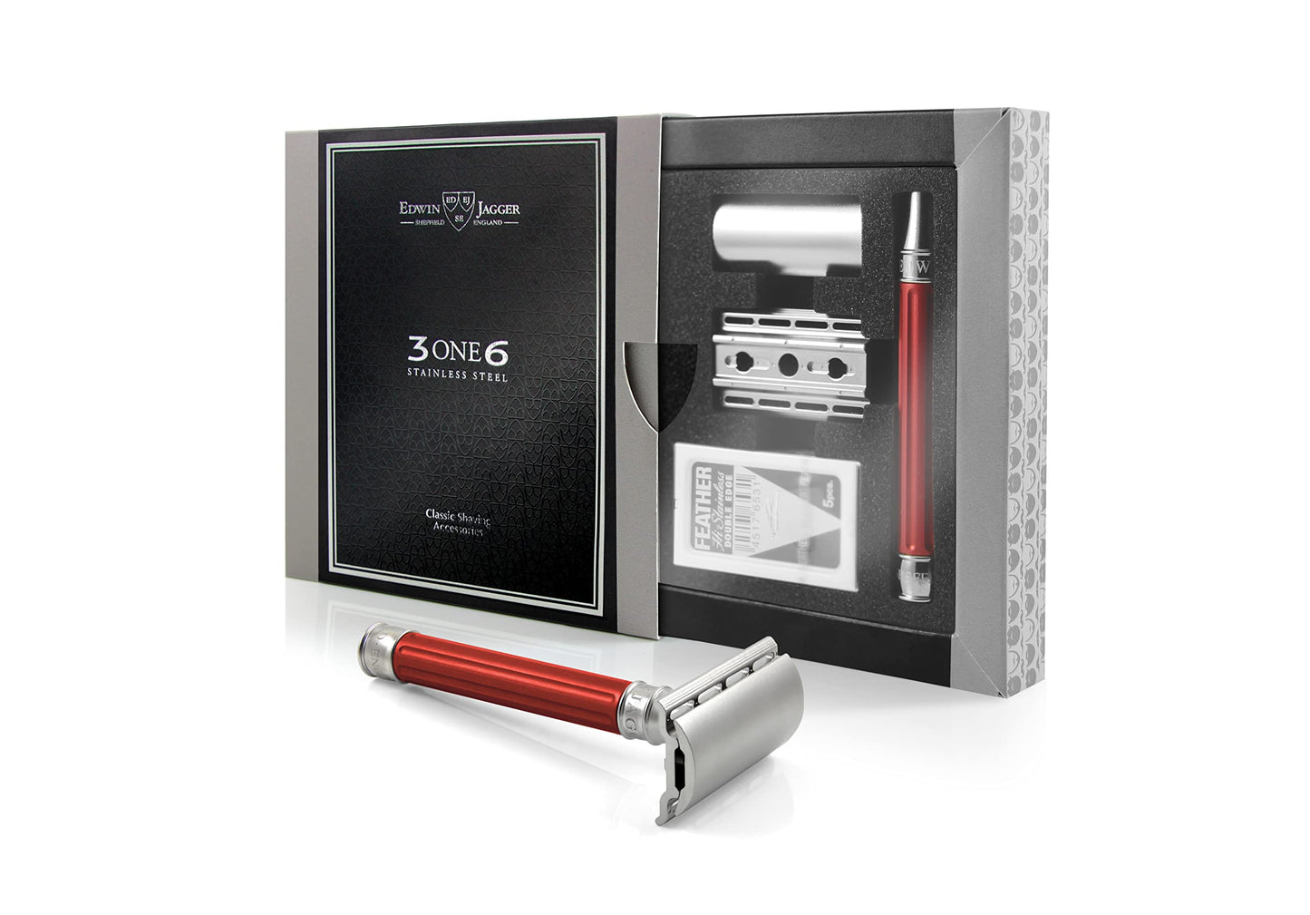 Edwin Jagger 3ONE6 DE Stainless Steel Safety Razor, Grooved, 1x Pack of Razor Blades (Anodized Red) Beauty and Personal Care Edwin Jagger