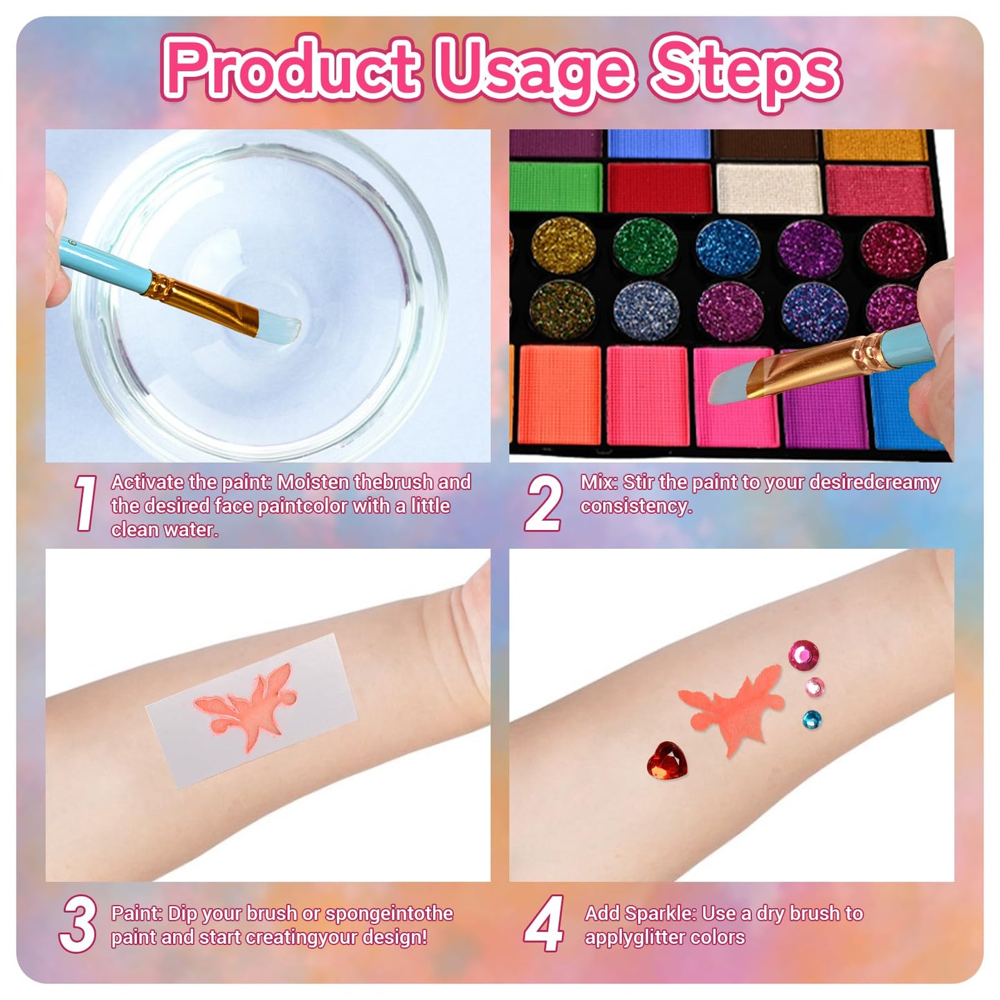 Ruihangda 54 Colors Face Painting Kit for Kids, Non Toxic Water Based Face Body Paint with Brushes, Stencils, Sponges, Gem Stickers, Washable Makeup Beauty & Personal Care Ruihangda