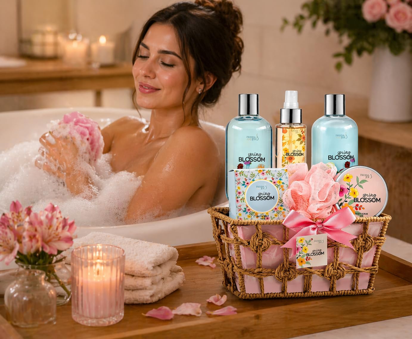 Spring Blossom Spa Gift Basket for Women - Mother’s Day Bath & Body Gift Set with Shower Gel, Bubble Bath, Body Lotion, Bath Salts & Bath Bombs - Self Beauty and Personal Care Freida and Joe