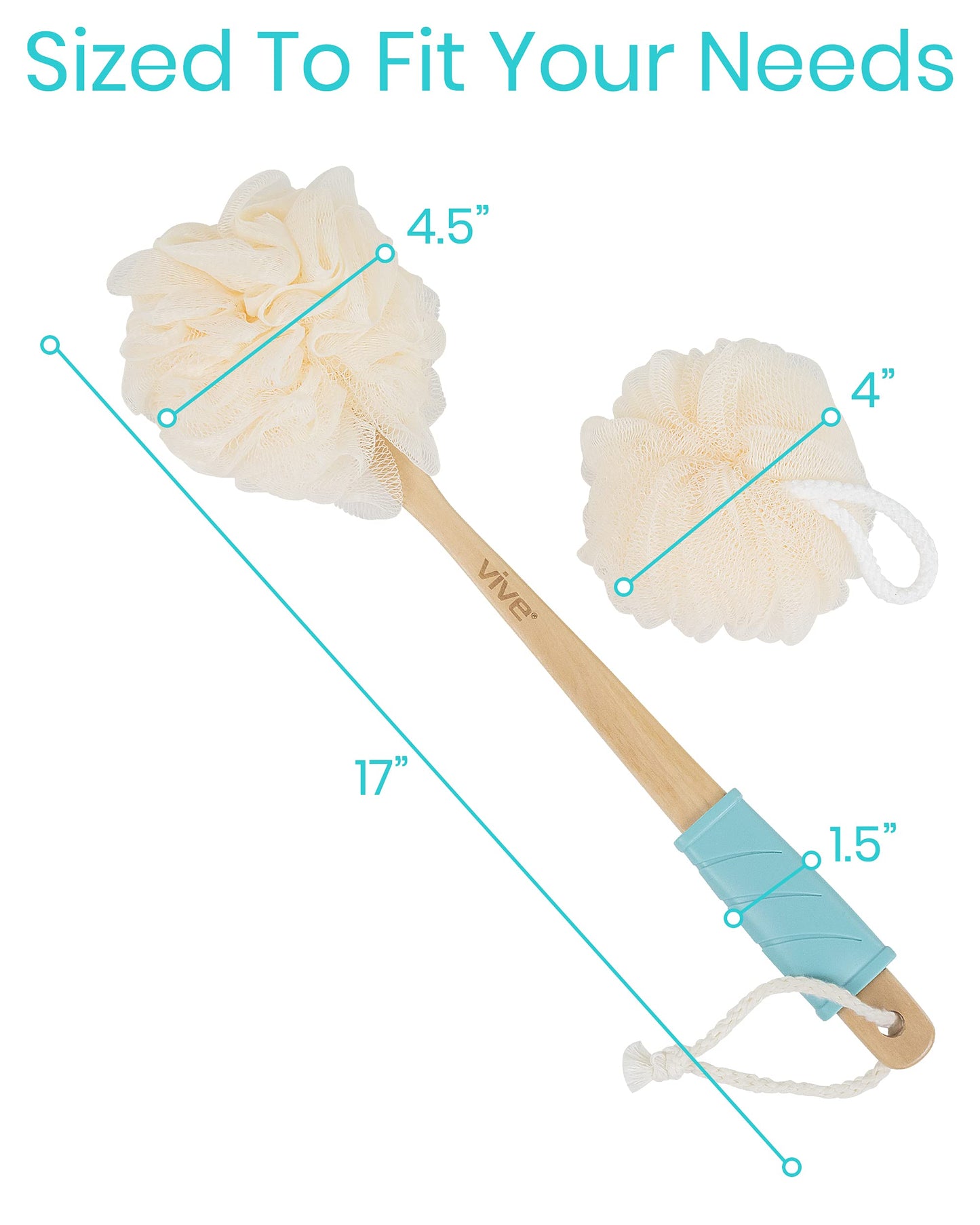 Vive 17” Shower Loofah with Long Handle - Exfoliating Back & Body Scrubber for Men & Women - Luffa Sponge on a Stick for Bathing, Cleaning - Includes Beauty & Personal Care Vive