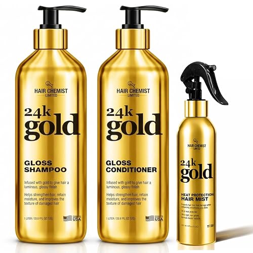 Hair Chemist 24K Gold Gloss 3-Piece Hair Care Set - Gloss Shampoo 33.8oz, Conditioner 33.8oz & Heat Protection Hair Mist 8oz - Shine Enhancing Beauty & Personal Care Hair Chemist