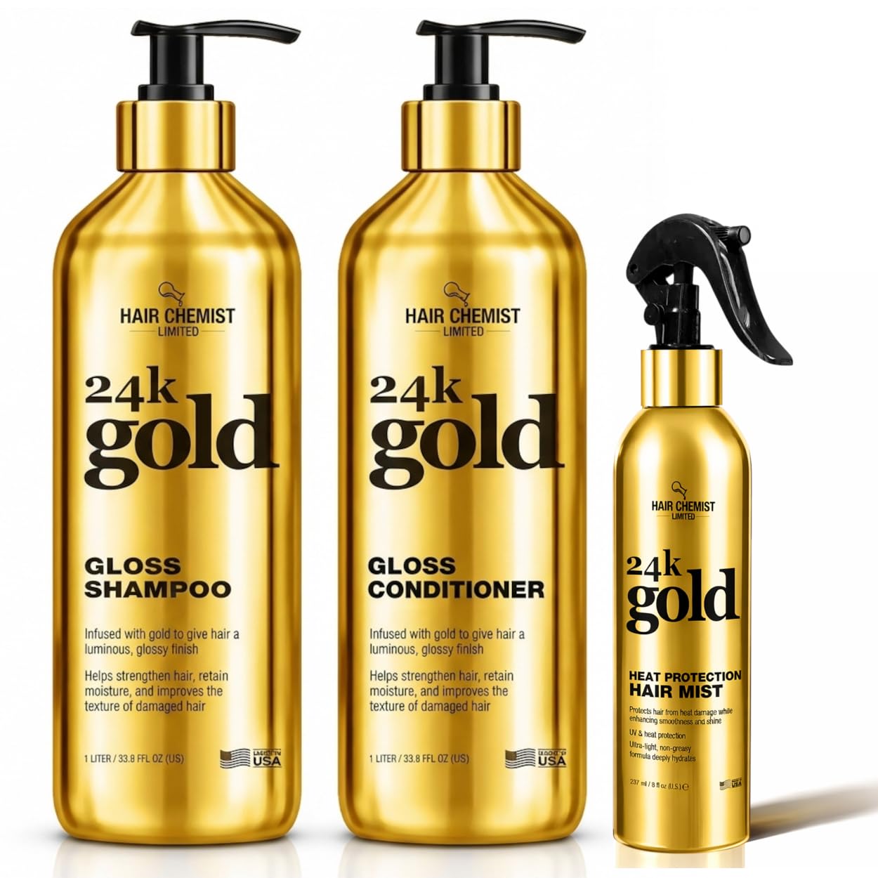 Hair Chemist 24K Gold Gloss 3-Piece Hair Care Set - Gloss Shampoo 33.8oz, Conditioner 33.8oz & Heat Protection Hair Mist 8oz - Shine Enhancing Beauty & Personal Care Hair Chemist